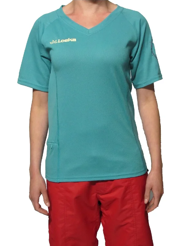 Bike wheel spoke-Loeka Womens Kasista V-Neck Short Sleeve Jersey - Green Blue Slate