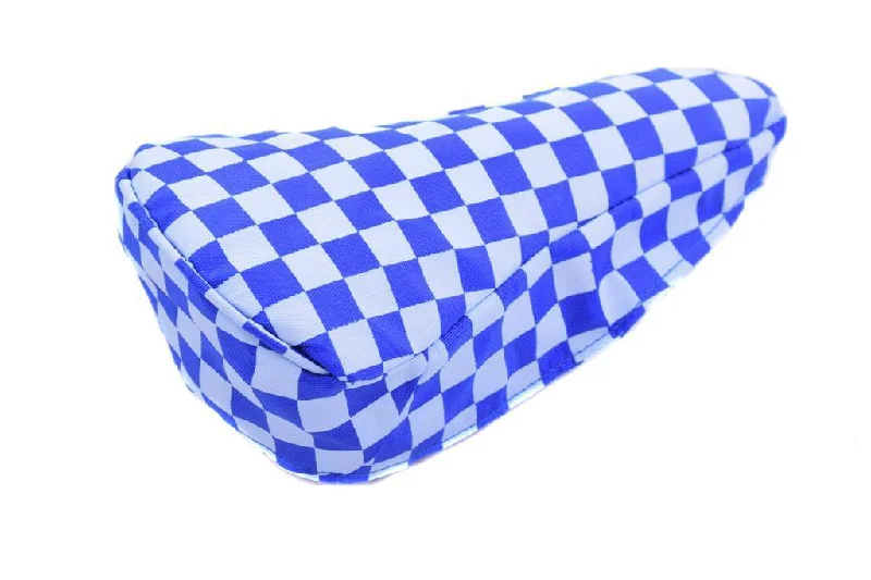 Bike wheel rim-BLUE & WHITE CHEQUERED BIKE SEAT COVER RETRO SUIT BMX, MTB OR ANY CYCLE SADDLE